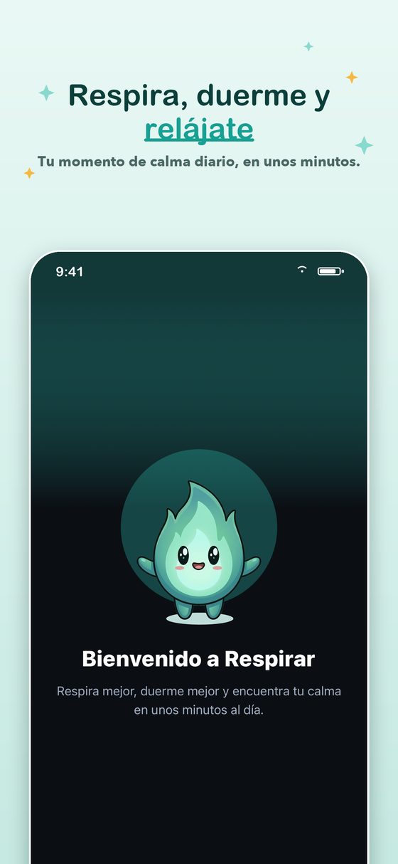 Pantalla de bienvenida con la mascota de Respirar