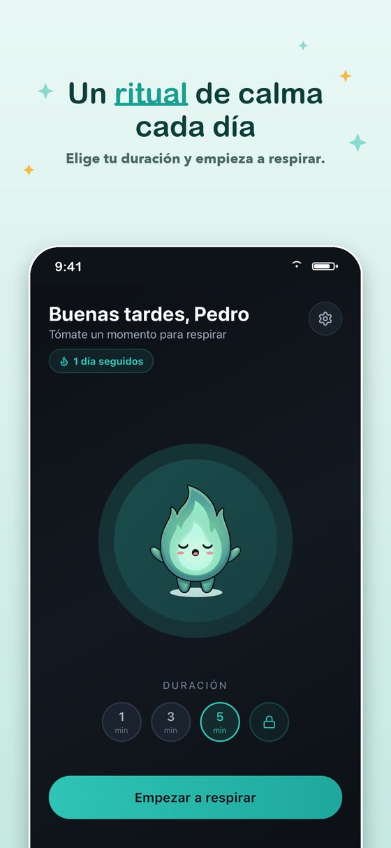 Pantalla principal: elige la duración y empieza a respirar